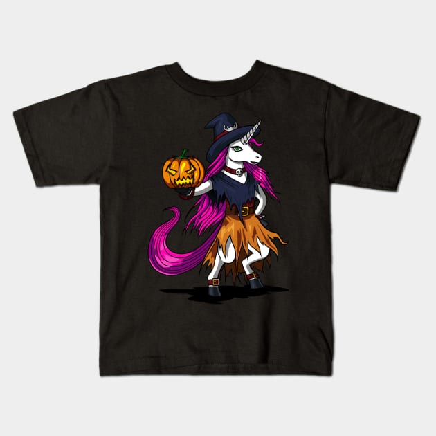 Magical Unicorn Witch Spooky Halloween Pumpkin Kids T-Shirt by underheaven